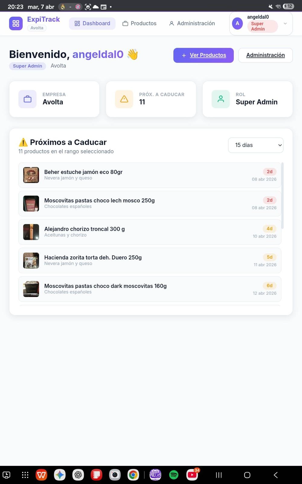 ExpiTrack application: products and expiry dates